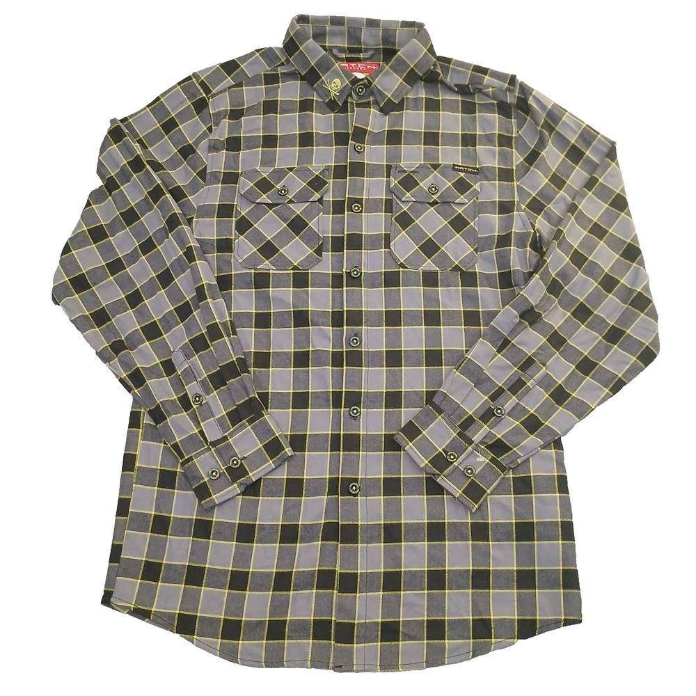 Hatch Outdoors Flannel Shirt Men's Size M Gray Plaid Button Up Skull Crossbones